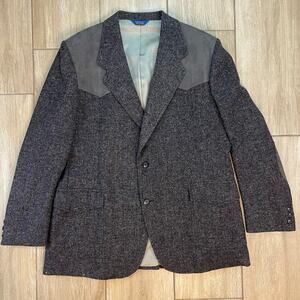 VTG Pendleton Virgin Wool Western Blazer 48L Gray Tweed Elbow Patches Suede Trim